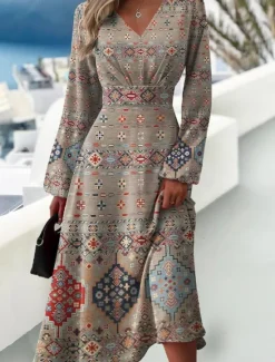 New Women's Midi Dress A Line Dress Semi Formal Office Regular Fit Marble Long Sleeve V Neck Pink Khaki Gray Summer Women Work Dresses