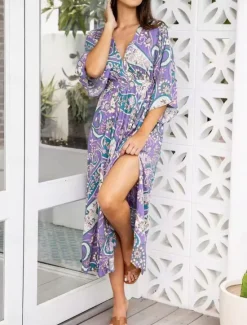 Women's Midi Dress A Line Dress Casual Boho Outdoor Beach Loose Fit Paisley 3/4 Length Sleeve V Neck Summer Spring Women Vacation Dresses