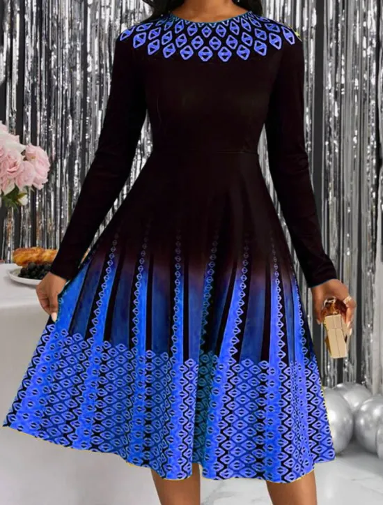Hot Women's Midi Dress A Line Dress Casual Dress Winter Dress Swing Dress Streetwear Modest Formal Vacation Party Regular Fit Geometric Color Block Long Sleeve Crew Neck Yellow Pink Blue Purple Women Cocktail Dress