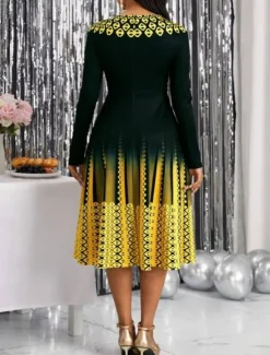 Hot Women's Midi Dress A Line Dress Casual Dress Winter Dress Swing Dress Streetwear Modest Formal Vacation Party Regular Fit Geometric Color Block Long Sleeve Crew Neck Yellow Pink Blue Purple Women Cocktail Dress