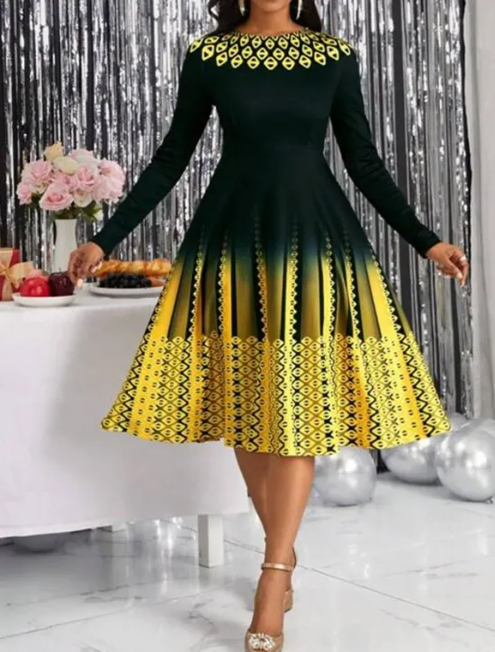 Hot Women's Midi Dress A Line Dress Casual Dress Winter Dress Swing Dress Streetwear Modest Formal Vacation Party Regular Fit Geometric Color Block Long Sleeve Crew Neck Yellow Pink Blue Purple Women Cocktail Dress