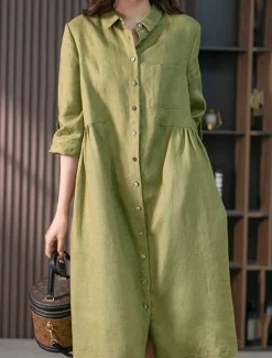 Discount Women's Midi Dress A Line Dress Summer Dress Casual Daily Regular Fit Plain 3/4 Length Sleeve Lapel Pink Green Summer Spring Fall Women Dresses|Casual Dress