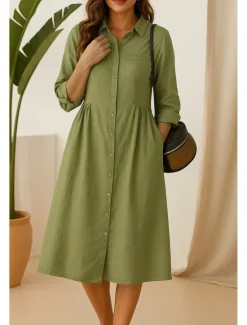 Discount Women's Midi Dress A Line Dress Summer Dress Casual Daily Regular Fit Plain 3/4 Length Sleeve Lapel Pink Green Summer Spring Fall Women Dresses|Casual Dress