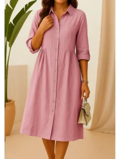 Discount Women's Midi Dress A Line Dress Summer Dress Casual Daily Regular Fit Plain 3/4 Length Sleeve Lapel Pink Green Summer Spring Fall Women Dresses|Casual Dress