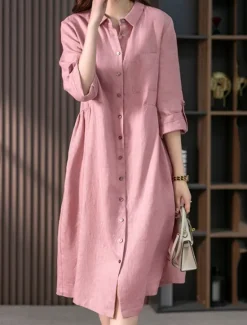 Discount Women's Midi Dress A Line Dress Summer Dress Casual Daily Regular Fit Plain 3/4 Length Sleeve Lapel Pink Green Summer Spring Fall Women Dresses|Casual Dress