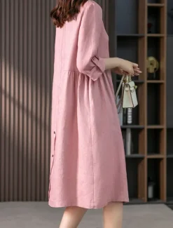 Discount Women's Midi Dress A Line Dress Summer Dress Casual Daily Regular Fit Plain 3/4 Length Sleeve Lapel Pink Green Summer Spring Fall Women Dresses|Casual Dress