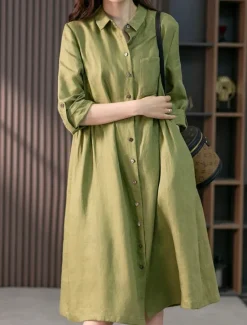 Discount Women's Midi Dress A Line Dress Summer Dress Casual Daily Regular Fit Plain 3/4 Length Sleeve Lapel Pink Green Summer Spring Fall Women Dresses|Casual Dress