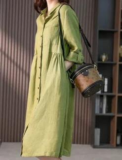 Discount Women's Midi Dress A Line Dress Summer Dress Casual Daily Regular Fit Plain 3/4 Length Sleeve Lapel Pink Green Summer Spring Fall Women Dresses|Casual Dress