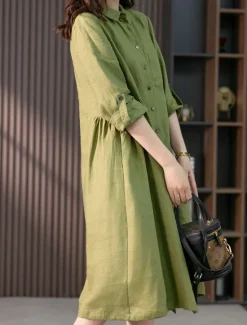 Discount Women's Midi Dress A Line Dress Summer Dress Casual Daily Regular Fit Plain 3/4 Length Sleeve Lapel Pink Green Summer Spring Fall Women Dresses|Casual Dress