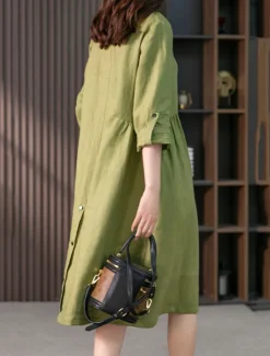 Discount Women's Midi Dress A Line Dress Summer Dress Casual Daily Regular Fit Plain 3/4 Length Sleeve Lapel Pink Green Summer Spring Fall Women Dresses|Casual Dress