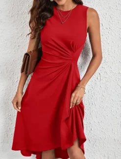Best Women's Midi Dress A Line Dress Solid Color Bodycon Dress Work Dresses Semi Formal Office Slim Graphic Sleeveless Crew Neck Black Pink Red Blue Summer Women Work Dresses