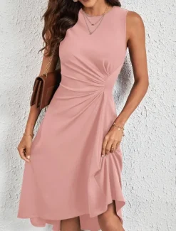 Best Women's Midi Dress A Line Dress Solid Color Bodycon Dress Work Dresses Semi Formal Office Slim Graphic Sleeveless Crew Neck Black Pink Red Blue Summer Women Work Dresses