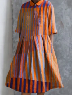 Online Women's Midi Dress A Line Dress Summer Dress Casual Daily Regular Fit Geometric Striped Half Sleeve Lapel Red Blue Sky Blue Apricot Summer Women Casual Dress|Vacation Dresses