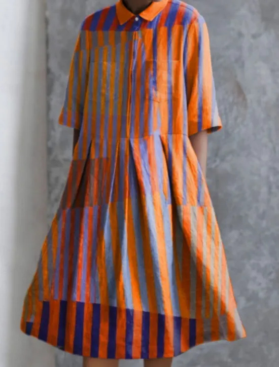 Online Women's Midi Dress A Line Dress Summer Dress Casual Daily Regular Fit Geometric Striped Half Sleeve Lapel Red Blue Sky Blue Apricot Summer Women Casual Dress|Vacation Dresses