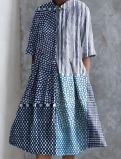 Online Women's Midi Dress A Line Dress Summer Dress Casual Daily Regular Fit Geometric Striped Half Sleeve Lapel Red Blue Sky Blue Apricot Summer Women Casual Dress|Vacation Dresses