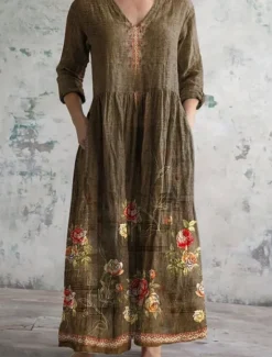 Sale Women's Midi Dress A Line Dress Casual Daily Regular Fit Floral 3/4 Length Sleeve V Neck Yellow Dark Green Brown Green Summer Spring Fall Women Casual Dress