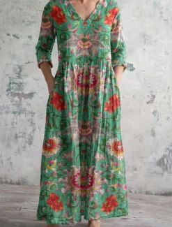Sale Women's Midi Dress A Line Dress Casual Daily Regular Fit Floral 3/4 Length Sleeve V Neck Yellow Dark Green Brown Green Summer Spring Fall Women Casual Dress