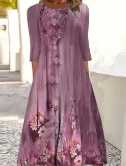 Online Women's Midi Dress A Line Dress Fit And Flare Dress Birthday Casual Boho Party Wedding Guest Daily Floral Graphic Long Sleeve Crew Neck Red Camel Purple Green Women Casual Dress