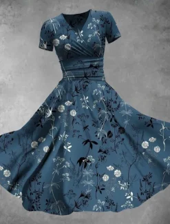 Discount Women's Midi Dress A Line Dress Summer Dress Fit And Flare Dress Party Casual Daily Holiday Regular Fit Floral Graphic Short Sleeve V Neck Navy Blue Blue Green Summer Spring Women Vacation Dresses