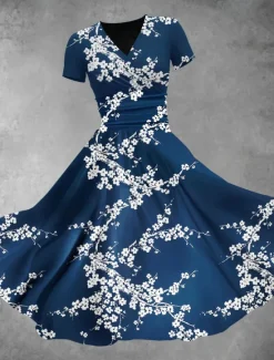 Discount Women's Midi Dress A Line Dress Summer Dress Fit And Flare Dress Party Casual Daily Holiday Regular Fit Floral Graphic Short Sleeve V Neck Navy Blue Blue Green Summer Spring Women Vacation Dresses