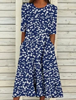 Sale Women's Midi Dress A Line Dress T Shirt Dress Tee Dress Summer Dress Bohemia Vacation Vintage Regular Fit Floral Graphic Ditsy Floral Short Sleeve Crew Neck Navy Blue Light Blue Summer Women Casual Dress