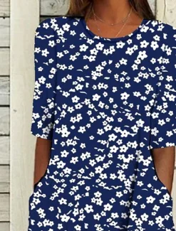Sale Women's Midi Dress A Line Dress T Shirt Dress Tee Dress Summer Dress Bohemia Vacation Vintage Regular Fit Floral Graphic Ditsy Floral Short Sleeve Crew Neck Navy Blue Light Blue Summer Women Casual Dress