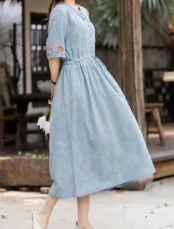 New Women's Midi Dress A Line Dress Casual Daily Loose Fit Floral 3/4 Length Sleeve V Neck White Blue Orange Summer Women Dresses