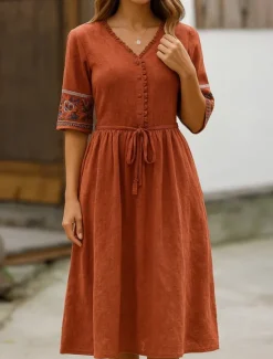 New Women's Midi Dress A Line Dress Casual Daily Loose Fit Floral 3/4 Length Sleeve V Neck White Blue Orange Summer Women Dresses