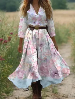 New Women's Midi Dress A Line Dress Vacation Casual Boho Outdoor Going out Beach Loose Fit Floral Graphic 3/4 Length Sleeve V Neck Pink Blue Orange Green Summer Women Vacation Dresses