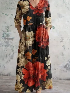 Sale Women's Midi Dress A Line Dress Casual Outdoor Going out Loose Fit Floral Graphic 3/4 Length Sleeve V Neck Black Pink Blue Orange Summer Spring Fall Women Vacation Dresses