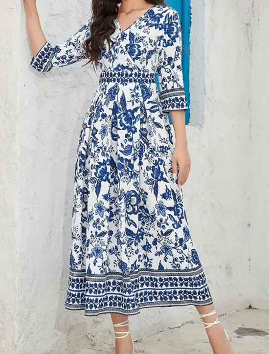Women's Midi Dress A Line Dress Summer Dress Boho Dress Elegant Stylish Ethnic Vacation Daily Date Regular Fit Floral 3/4 Length Sleeve V Neck Summer Women Spring Dresses
