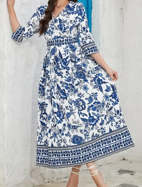 Women's Midi Dress A Line Dress Summer Dress Boho Dress Elegant Stylish Ethnic Vacation Daily Date Regular Fit Floral 3/4 Length Sleeve V Neck Summer Women Spring Dresses