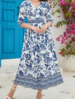 Women's Midi Dress A Line Dress Summer Dress Boho Dress Elegant Stylish Ethnic Vacation Daily Date Regular Fit Floral 3/4 Length Sleeve V Neck Summer Women Spring Dresses