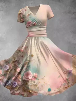 Online Women's Midi Dress A Line Dress Summer Dress Fit And Flare Dress Party Casual Daily Holiday Regular Fit Floral Graphic Short Sleeve V Neck Black White Orange Summer Women Casual Dress