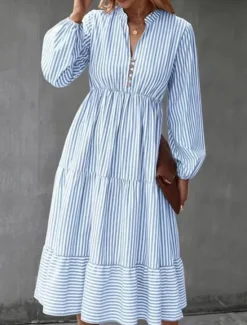 Discount Women's Midi Dress A Line Dress Casual Daily Loose Fit Striped Long Sleeve V Neck Black Blue Green Spring Fall Women Casual Dress