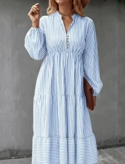 Discount Women's Midi Dress A Line Dress Casual Daily Loose Fit Striped Long Sleeve V Neck Black Blue Green Spring Fall Women Casual Dress