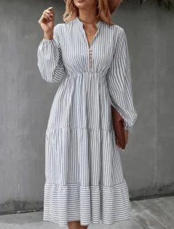 Discount Women's Midi Dress A Line Dress Casual Daily Loose Fit Striped Long Sleeve V Neck Black Blue Green Spring Fall Women Casual Dress