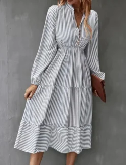 Discount Women's Midi Dress A Line Dress Casual Daily Loose Fit Striped Long Sleeve V Neck Black Blue Green Spring Fall Women Casual Dress