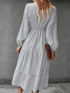 Discount Women's Midi Dress A Line Dress Casual Daily Loose Fit Striped Long Sleeve V Neck Black Blue Green Spring Fall Women Casual Dress