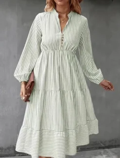 Discount Women's Midi Dress A Line Dress Casual Daily Loose Fit Striped Long Sleeve V Neck Black Blue Green Spring Fall Women Casual Dress