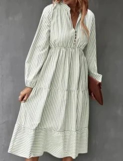 Discount Women's Midi Dress A Line Dress Casual Daily Loose Fit Striped Long Sleeve V Neck Black Blue Green Spring Fall Women Casual Dress