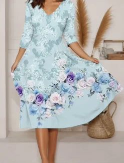 Clearance Women's Midi Dress A Line Dress Summer Dress Vacation Casual Daily Regular Fit Floral Graphic Long Sleeve V Neck Pink Blue Green Summer Women Sundresses