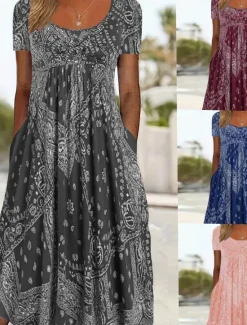 Best Women's Midi Dress A Line Dress Summer Dress Casual Daily Regular Fit Paisley Short Sleeve Square Neck Pink Red Blue Gray Summer Women Sundresses|Casual Dress