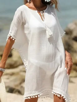 Outlet Women's Midi Dress Beach Dress Tropical Stylish Daily Date Loose Fit Plain Short Sleeve Crew Neck Summer Women Cover Up