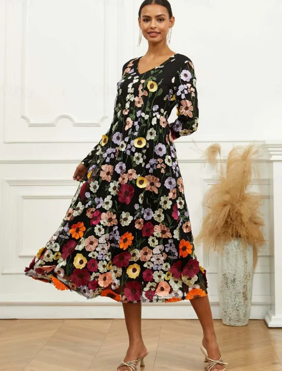 Outlet Women's Midi Dress Dress A Line Dress Elegant Stylish Bishop Sleeve Wedding Guest Cocktail Party Regular Fit Floral Long Sleeve V Neck Spring Fall Women Cocktail Dress