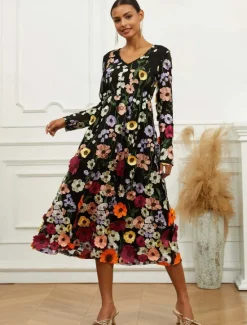Outlet Women's Midi Dress Dress A Line Dress Elegant Stylish Bishop Sleeve Wedding Guest Cocktail Party Regular Fit Floral Long Sleeve V Neck Spring Fall Women Cocktail Dress