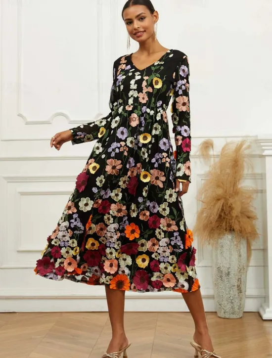 Outlet Women's Midi Dress Dress A Line Dress Elegant Stylish Bishop Sleeve Wedding Guest Cocktail Party Regular Fit Floral Long Sleeve V Neck Spring Fall Women Cocktail Dress