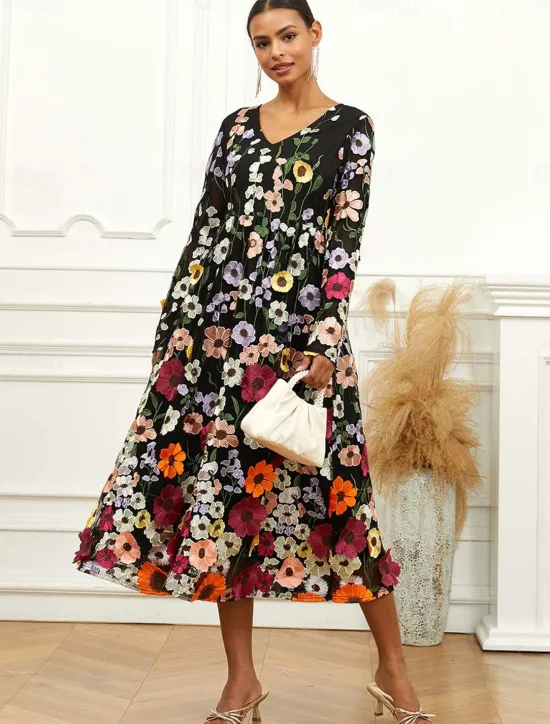 Outlet Women's Midi Dress Dress A Line Dress Elegant Stylish Bishop Sleeve Wedding Guest Cocktail Party Regular Fit Floral Long Sleeve V Neck Spring Fall Women Cocktail Dress