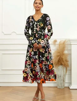 Outlet Women's Midi Dress Dress A Line Dress Elegant Stylish Bishop Sleeve Wedding Guest Cocktail Party Regular Fit Floral Long Sleeve V Neck Spring Fall Women Cocktail Dress
