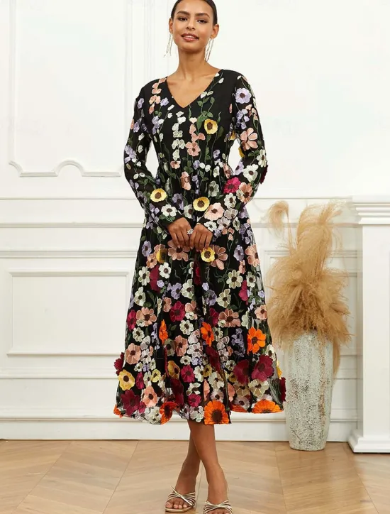 Outlet Women's Midi Dress Dress A Line Dress Elegant Stylish Bishop Sleeve Wedding Guest Cocktail Party Regular Fit Floral Long Sleeve V Neck Spring Fall Women Cocktail Dress
